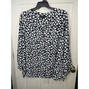 Lane Bryant Woman 18 Blouse Black White Blue V Neck Button Front Office Wear